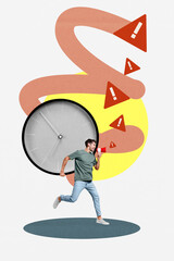 Vertical photo collage of boss man run scream megaphone alert sign deadline caution time expire...