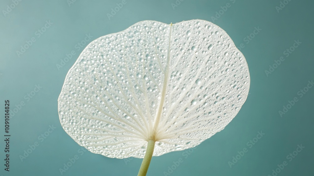 Poster a close-up of a translucent leaf with water droplets against a soft background.