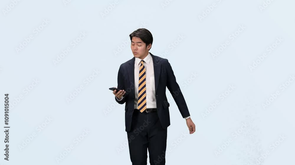Fototapete スマホ、スマートフォン、ダンス、ビジネスマン、ビジネスパーソン、通話、ビジネス、サラリーマン、男性、日本人、会社員、スーツ、踊る、ダンサー、ステップ、歩く、仕事、働く、営業、セールスマン、人材、パントマイム、振り付け、リズム、切り抜き、コピースペース、転職、元気、アクティブ、アクション、忙しい、連絡、操作、アプリ、DX、ツール、デジタルトランスフォーメーション、トーク、音楽、ミュージック、企業、ス