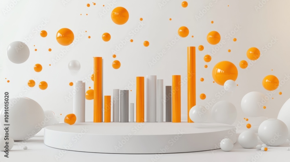 Poster abstract composition with colorful spheres and cylindrical shapes on a minimal background.