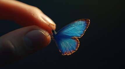 Gentle Blue Morpho Butterfly on Fingertip