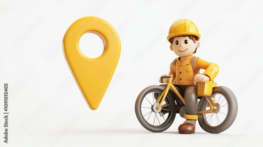 Aufkleber a cartoon character on a bicycle next to a yellow location pin, symbolizing navigation or mapping.