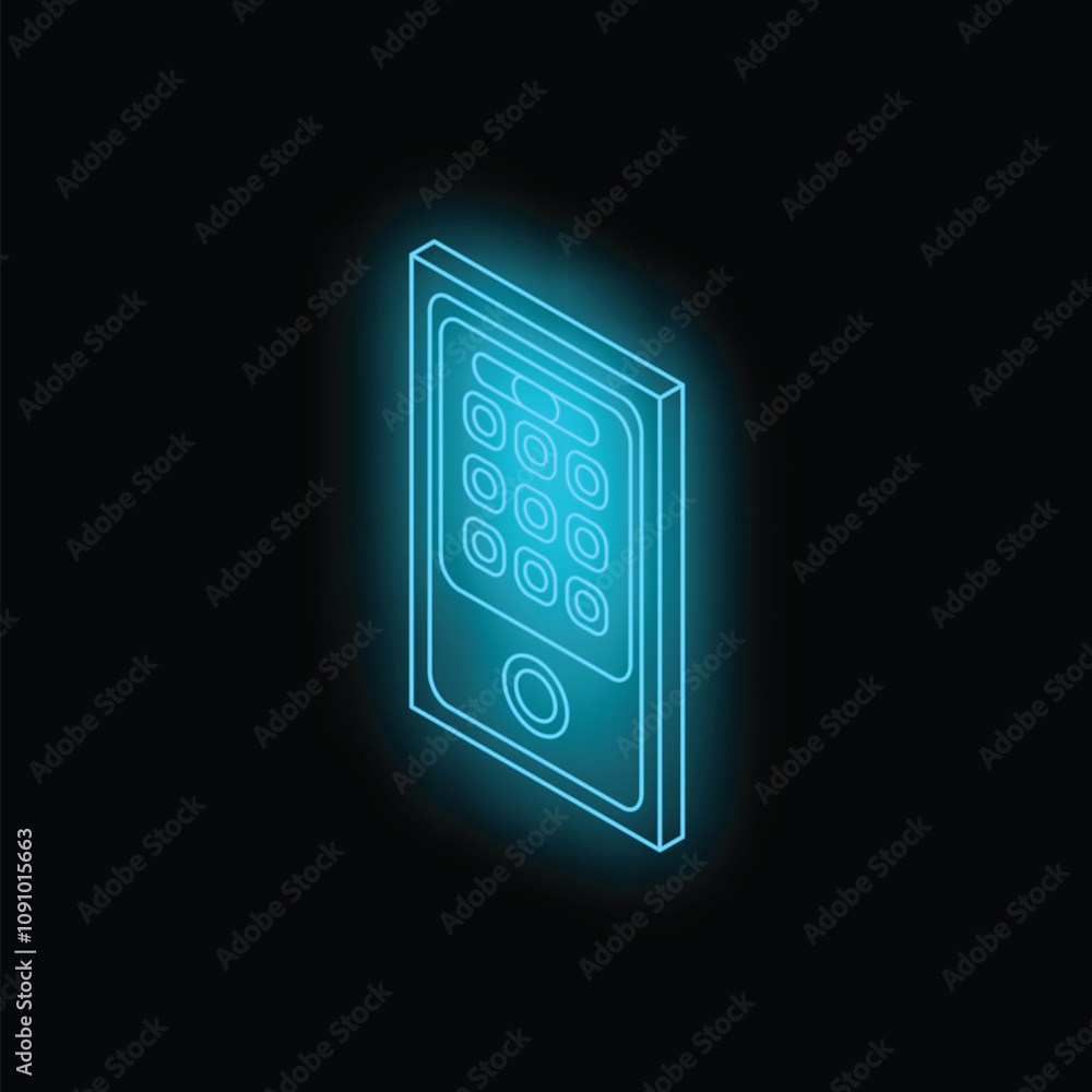 Poster glowing blue isometric icon of an intercom system showing its keypad