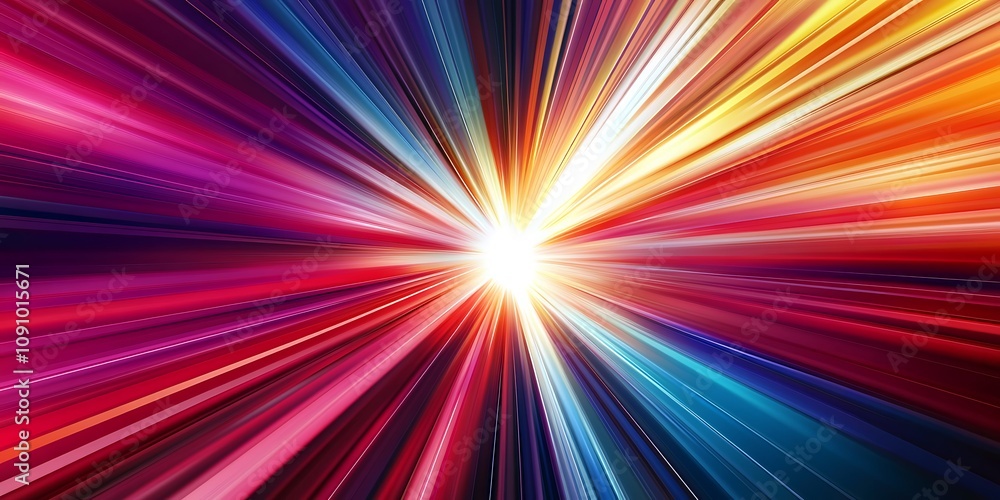 Poster abstract dark background of light with stripes of colourful rays moving from the center, generative 