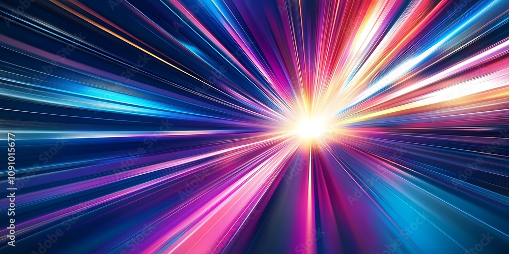 Poster abstract dark background of light with stripes of colourful rays moving from the center, generative 