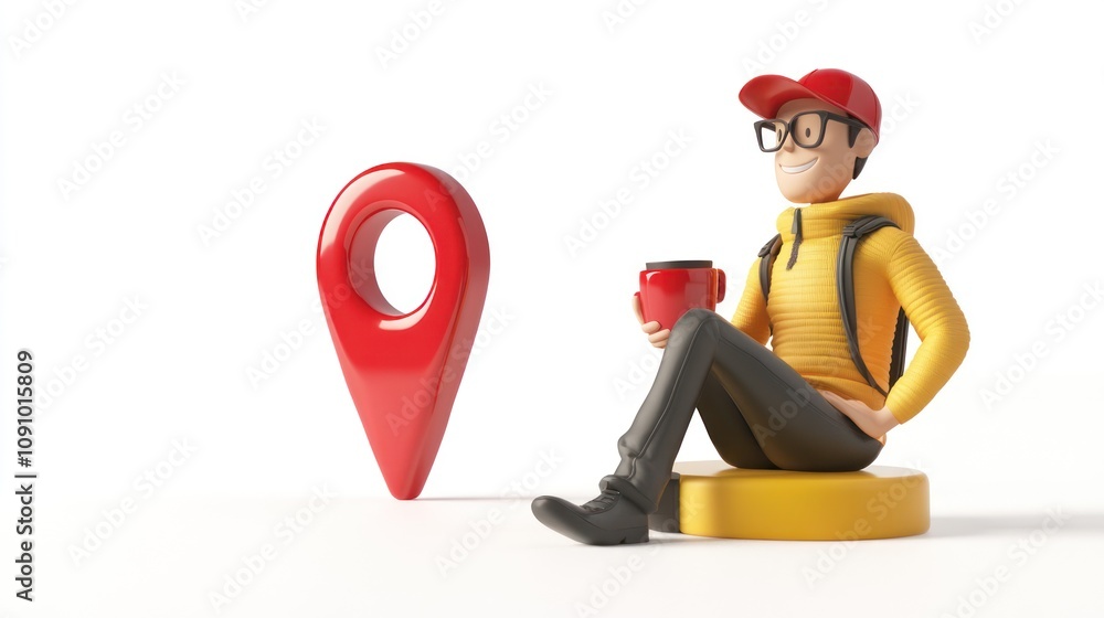 Poster a 3d character sits beside a location pin, symbolizing travel and exploration.