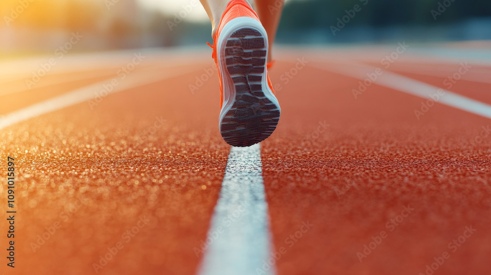 Poster runner's focus: close-up view of a runner's feet on a running track, emphasizing determination and t