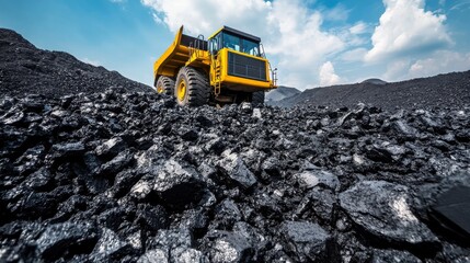 Heavy machinery transports coal at a mining site under a clear blue sky