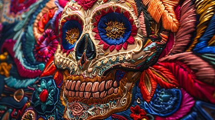 Naklejka premium A vibrant embroidered skull design featuring intricate patterns and colorful details, celebrating cultural artistry.