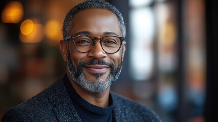 Fototapeta premium Man with glasses smiling confidently inside a modern cafe during the daytime. Generative AI