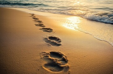 Footprints on Sandy Beach at Sunset