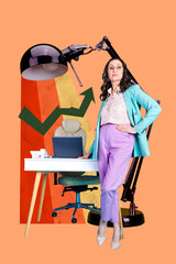 Fototapeta premium Vertical photo collage of serious businesswoman stand office table supplies workplace arrow development isolated on painted background