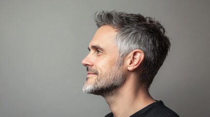 Obraz premium Man in midlife with a confident smile and relaxed posture, gazing sideways on a neutral backdrop.