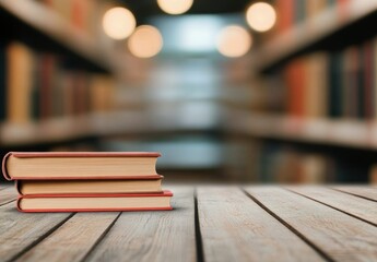Fototapeta premium Books on a wooden table with blurred lights in the background creating a cozy atmosphere