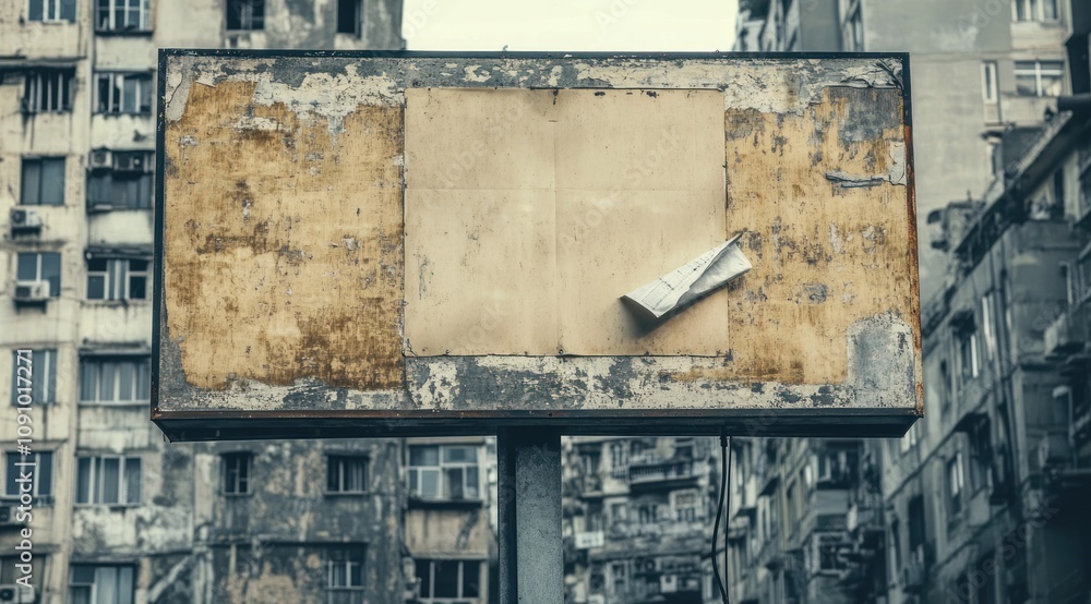 Poster An empty billboard in a worn urban environment, suggesting neglect or awaiting new content.