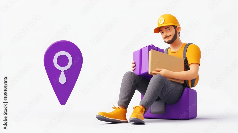 Poster a 3d character in a yellow hat holds packages next to a location pin icon.