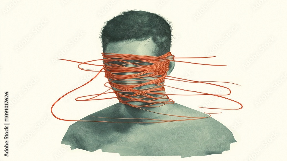 Poster abstract illustration of a person with binding orange lines around the head, representing thoughts, 