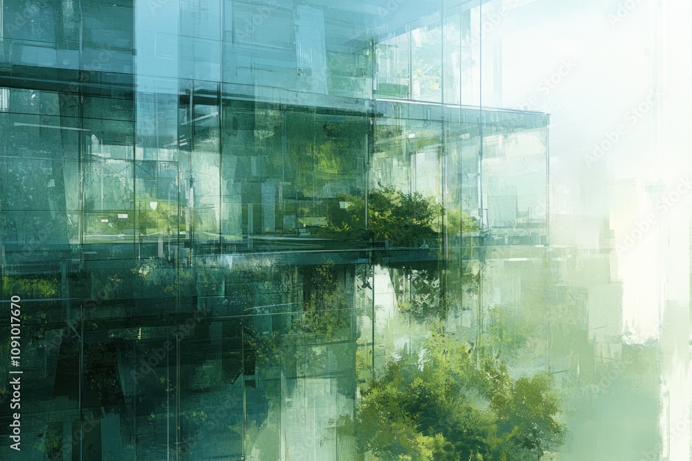 Poster a futuristic, glass-encased structure with abundant greenery, blending nature and architecture.