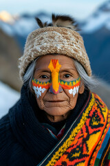 Elderly indigenous woman with traditional andean face paint and attire stands proudly against the backdrop of the andes mountains, embodying the rich cultural heritage of the region