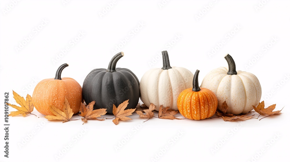 Poster minimalistic display of autumnal gourds with vibrant colors and textures on a clean white background