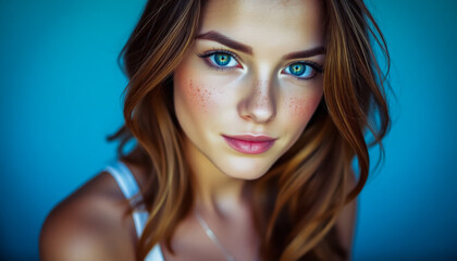 Naklejka premium Model with Long Brown Hair and Blue Eyes in a White Tank Top, Posing for a Photoshoot in the Studio