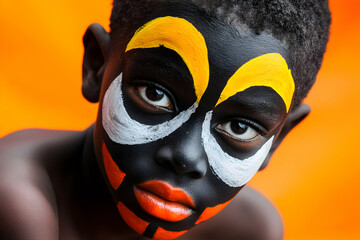 Portrait of a young boy with vibrant and traditional haitian face paint, showcasing the rich cultural heritage of haiti against a striking orange backdrop