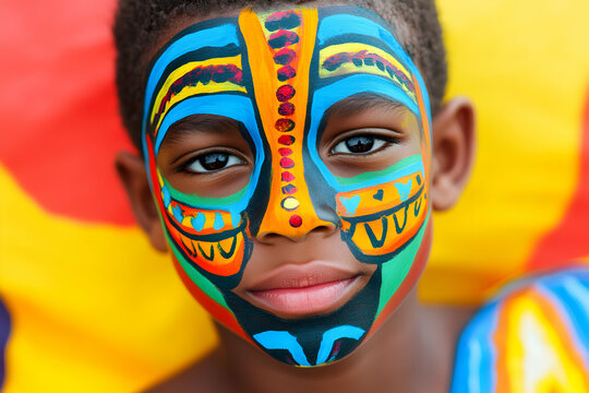 Young boy with colorful traditional face paint celebrating carnival in haiti, his face and shoulder painted with vibrant colors and traditional patterns