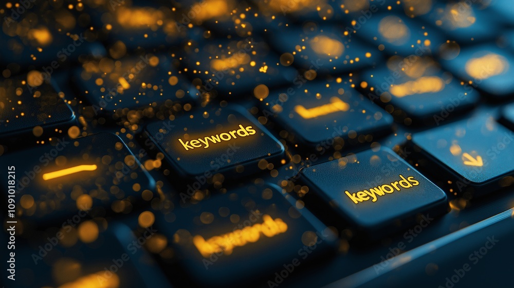 Poster conceptual illustration of a keyboard with golden keywords among floating particles, representing di