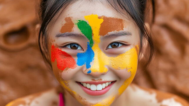 Close up portrait of a young woman with vibrant, colorful face paint smiling during the boryeong mud festival in south korea, enjoying the festive atmosphere