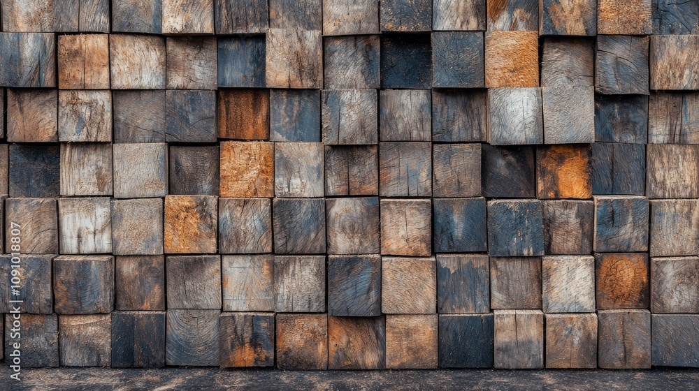 Poster a textured wall made of square wooden blocks, showcasing a mix of colors and patterns, creating a ru