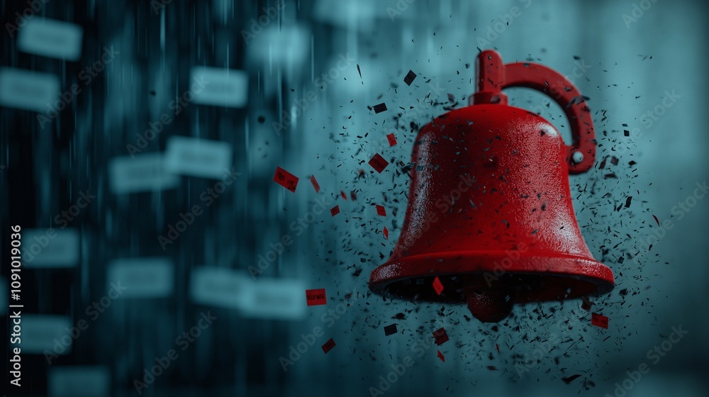 Poster abstract conceptual representation of a vibrant red alarm bell erupting amidst shattered fragments a