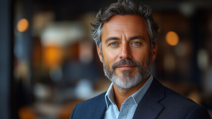 Fototapeta premium Confident man with gray hair and beard smiles warmly in a modern cafe during the afternoon while dressed formally. Generative AI