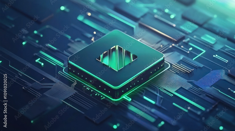 Poster A futuristic microchip design with glowing elements on a circuit board background.