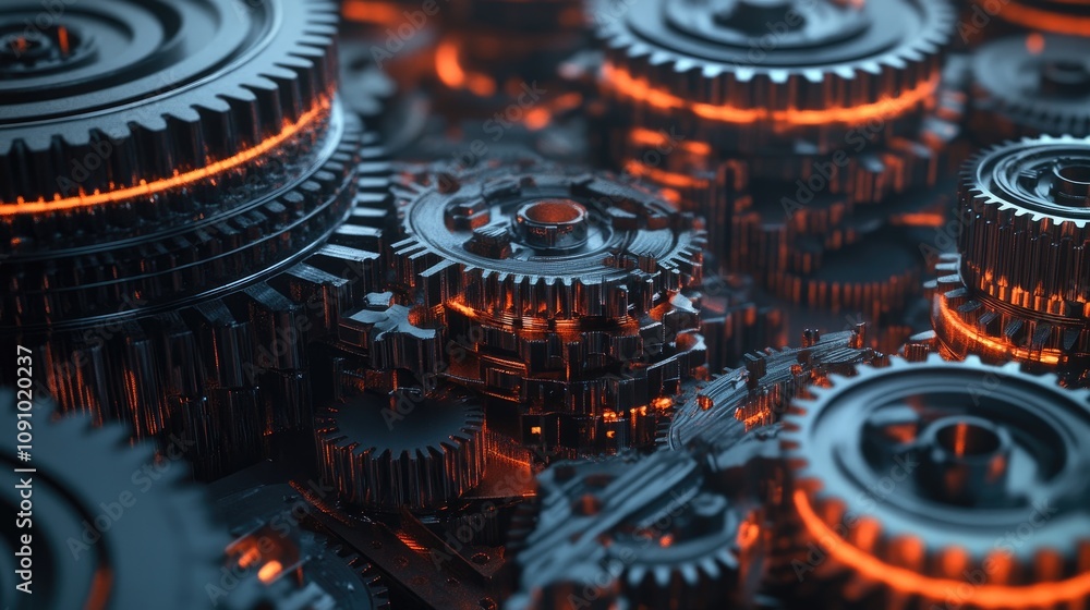 Poster a high-quality image of transmission gears arranged in layers, highlighting their sharp teeth and in