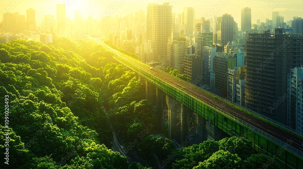 Poster Overhead shot of a digitally connected eco-friendly urban area with smart transportation and energy-efficient architecture and side empty space for text Stockphoto style