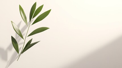Fototapeta premium Green leaves on beige background, minimalistic design, soft shad