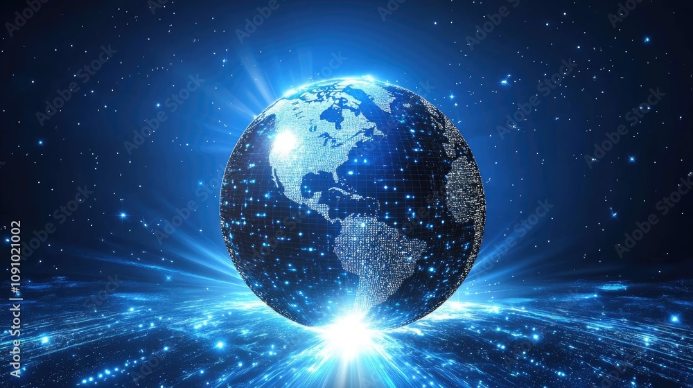 Poster futuristic digital globe with pulsating light beams, representing fast, real-time global communicati