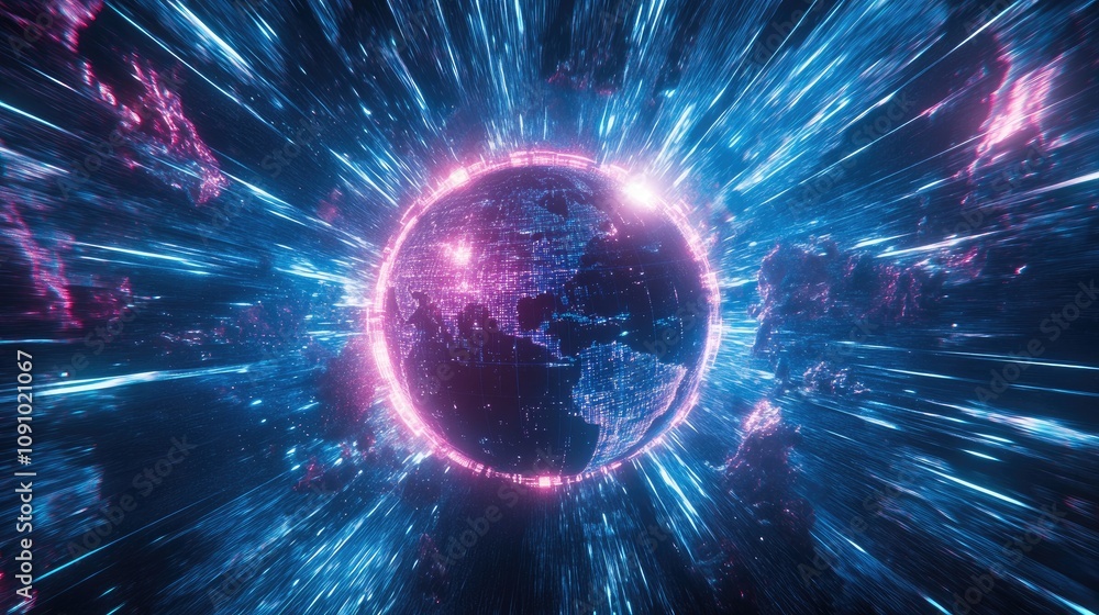 Poster futuristic digital globe with pulsating light beams, representing fast, real-time global communicati