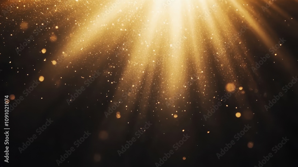 Poster a radiant display of golden light beams with floating particles, creating an ethereal atmosphere.