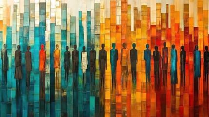 Obraz premium Abstract Colorful Crowd in Geometric Cityscape; Stylized Figures Stand in Warm and Cool Tones, Creating a Vibrant Composition.