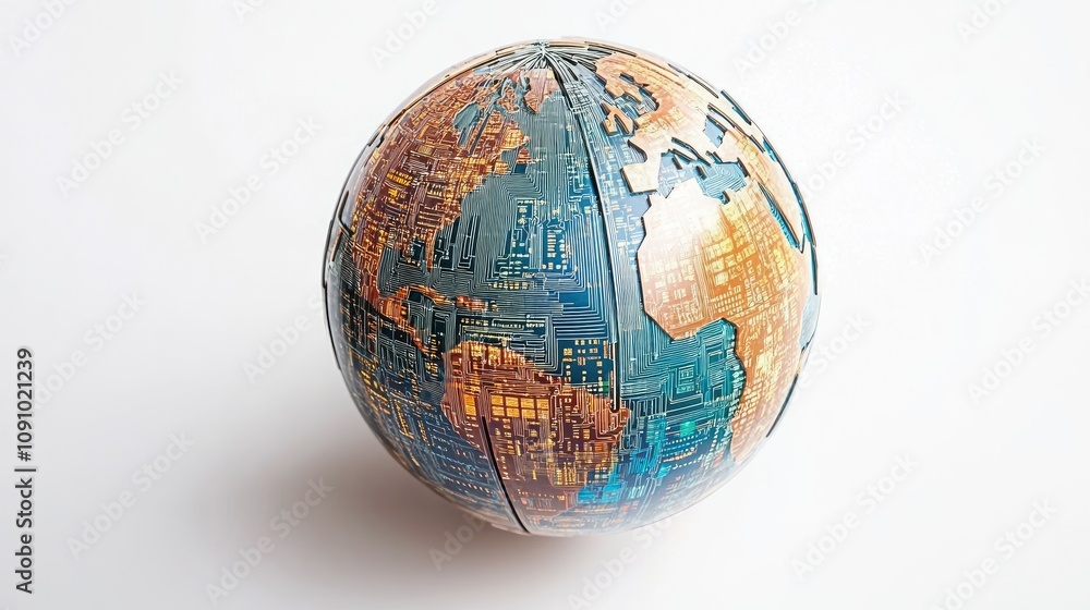 Poster minimalist globe with digital circuits, showing the concept of global connectivity through technolog