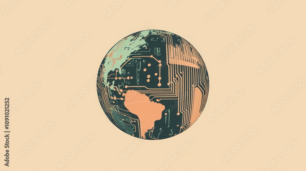 Poster minimalist globe with digital circuits, showing the concept of global connectivity through technolog