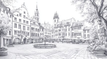 Obraz premium Monochrome cityscape drawing hand-drawn urban scene on a white background, portraying a serene park in the middle of a city, with trees, benches, and skyscrapers in the backdrop