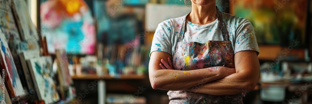 Poster a person stands confidently with arms crossed in a colorful art studio filled with paintings.
