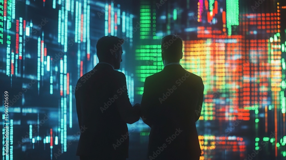 Aufkleber businessmen analyzing stock market progress with digital graphs and data visualization in a modern f