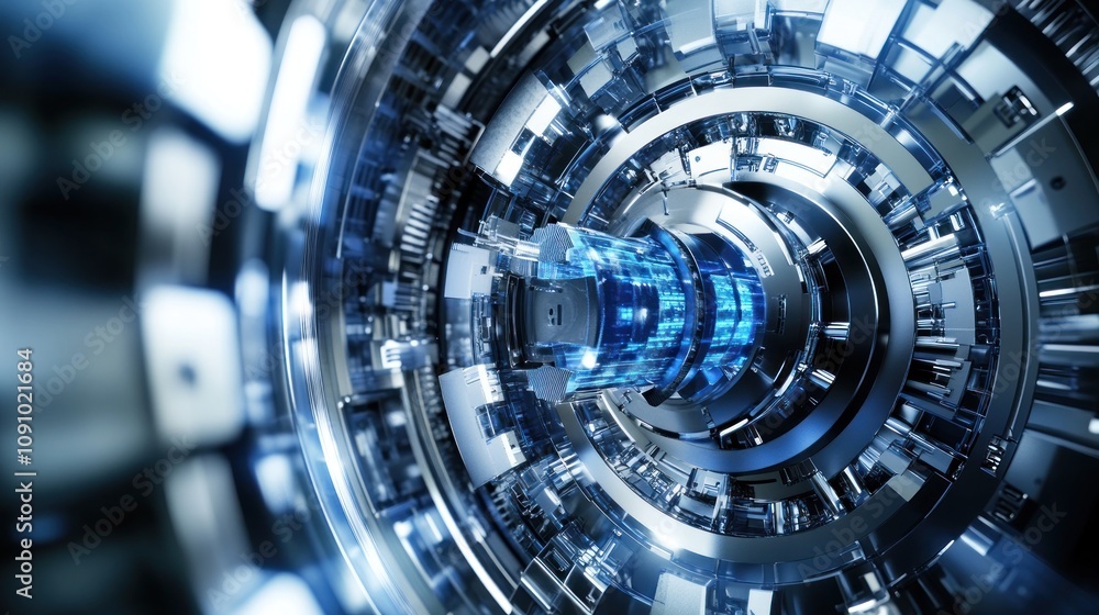 Poster A futuristic, detailed view of a high-tech machine or device with glowing elements.