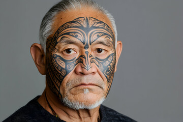 Studio portrait of a maori senior man proudly displaying his intricate ta moko facial tattoo, a significant cultural symbol representing his heritage and ancestry