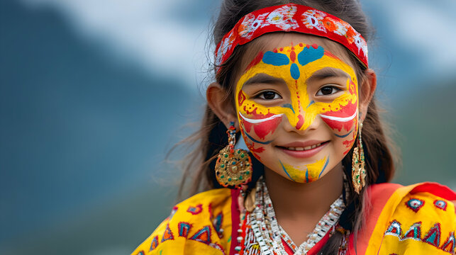Young nepali girl, adorned in traditional attire and vibrant face paint, smiles during a local festival, showcasing the rich cultural heritage of nepal