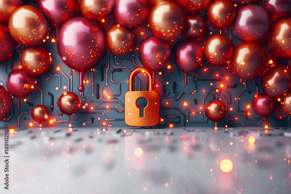 Poster futuristic data security with glowing padlock and digital blocks