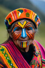 Elderly peruvian woman wearing a colorful, patterned hat and poncho smiles slightly, her face painted in vibrant colors for inti raymi, a traditional inca festival of the sun